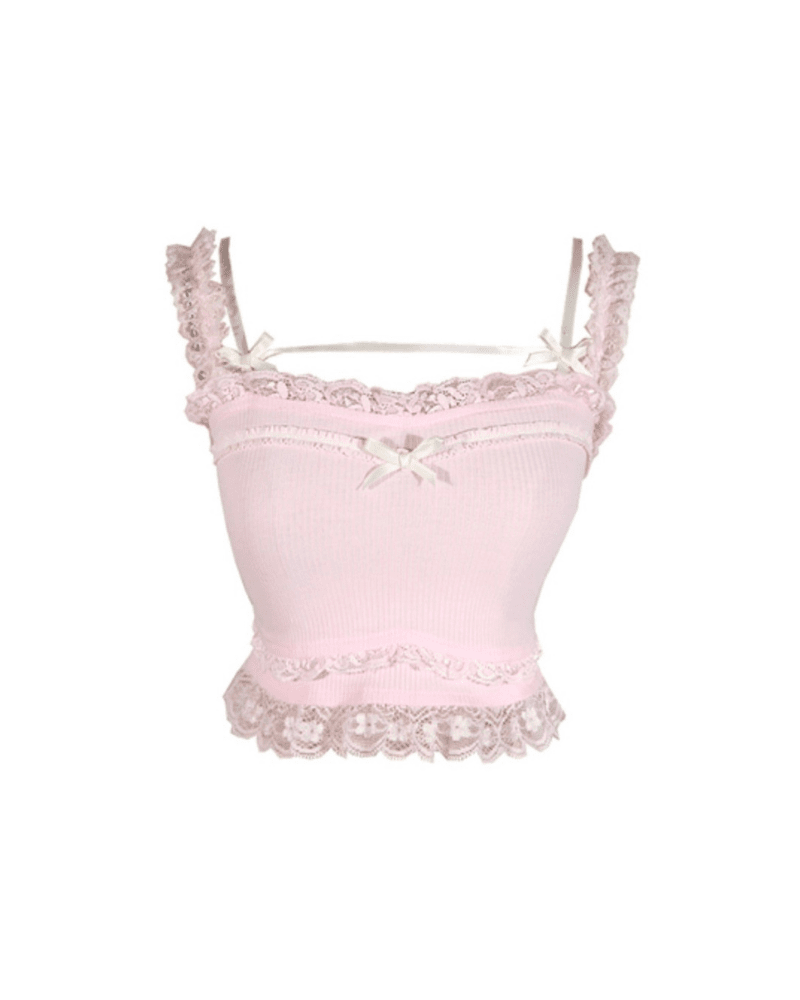 Aesthetic Clothes Dollette Top - Lace Crop Tank Top Ribbons