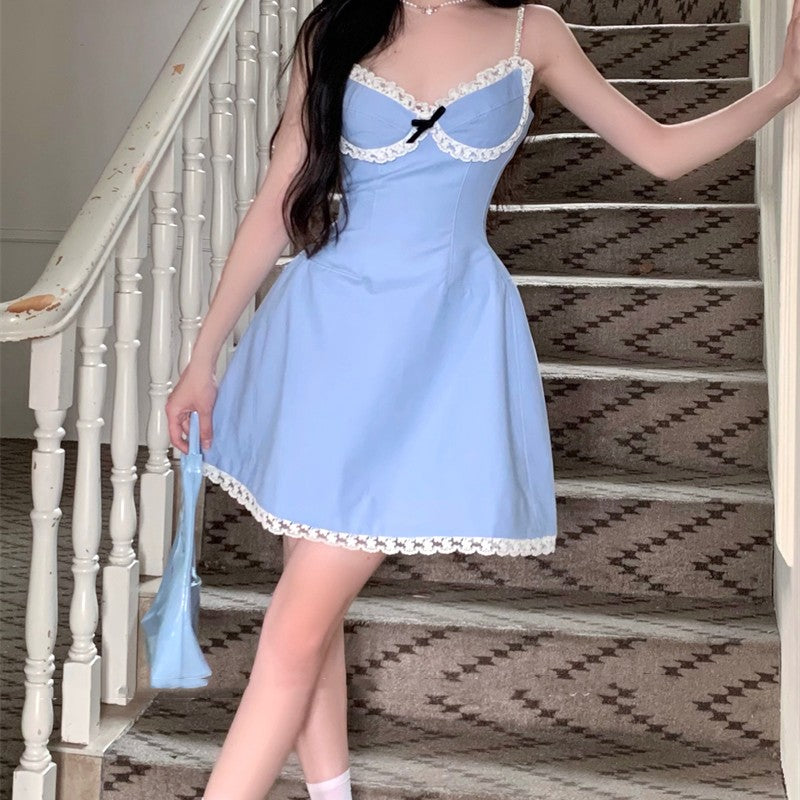 Lace Trim Blue Summer Dress