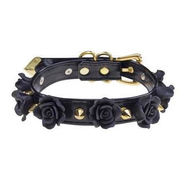 Black Gold Spiked Flower Collar Choker Fetish Petplay Bondage BDSM Kink Vegan Leather 