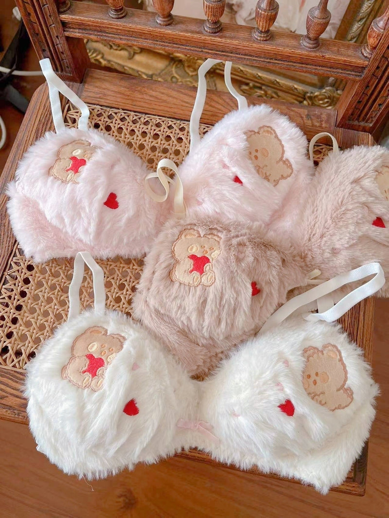 Women's Winter Fluffy Set Cat Girl Bra & Panties Set Wirefree Soft